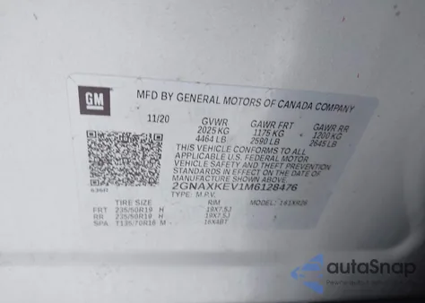 2021 Chevrolet Equinox Fwd Lt from USA, damaged, VIN 2GNAXKEV1M6128476